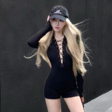 批发黑色镂空长袖连体衣女秋季小个子内搭修身<b class='q'>性感</b>辣妹美式短款连体裤