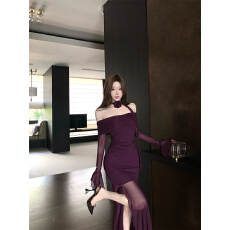 批发辣妹网纱一字肩长袖连衣裙女早秋生日<b class='q'>礼服</b>超好看开叉包臀<b class='q'>长裙</b>
