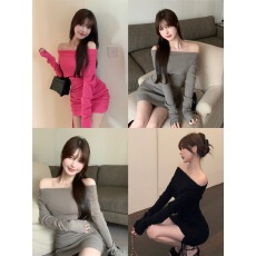 批发一字肩<b class='q'>长袖</b>针织连衣裙女甜辣妹性感打底短裙秋季修身显瘦包臀裙子
