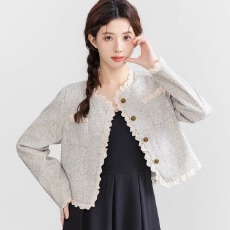 批发<b class='q'>蕾丝</b>拼接复古小香风米色外套法式气质修身设计感开衫独特短上衣女