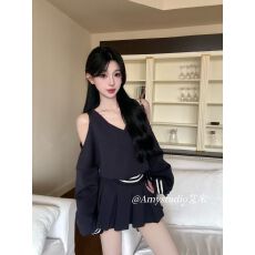 批发美式辣妹运动套装复古字母斜肩<b class='q'>长袖</b>卫衣女春秋半身裙百褶裙<b class='q'>两件套</b>