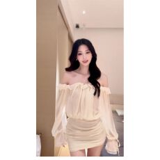 批发法式气质白色<b class='q'>一字肩</b>长袖连衣裙子女早秋2025新款收腰a字包臀短裙