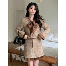 批发春秋新款时尚小香风套装裙女洋气蝴蝶结<b class='q'>短外套</b>半身裙两件套