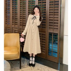 批发秋装小香风连衣<b class='q'>裙</b>女新款名媛气质收腰显瘦中长款系带<b class='q'>长袖</b><b class='q'>裙</b>子