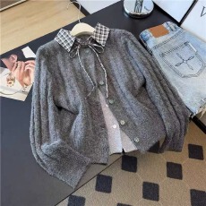 批发实价#绵羊绒#miu系学院风<b class='q'>假两件</b>毛衣女秋冬假领子绞花针织开衫