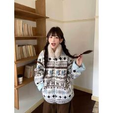 批发慵懒风费尔岛羊羔毛外套女秋冬季减龄毛领长袖毛衣保暖毛绒绒上衣