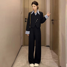 批发秋冬新款时尚条纹翻领拼接<b class='q'>衬衫</b>两件套高腰阔腿<b class='q'>裤</b><b class='q'>两件套</b>长<b class='q'>裤</b>套<b class='q'>装</b>