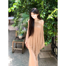 批发复古修身吊带连衣裙女春季鱼尾包臀裙大码胖mm氛围感罩衫两件套装