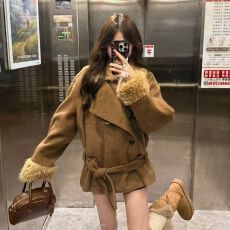 批发（夹棉里布）复古气质咖色毛绒长袖外套