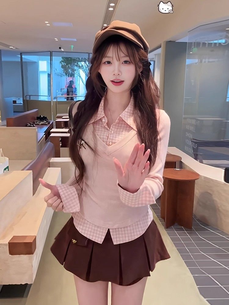 MY14977# 羊绒 韩系长袖格子衬衫女秋冬内搭上衣女裝貨源服裝批發
