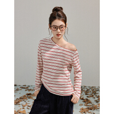 批发原版新宿双纱斜肩条纹休闲<b class='q'>T</b><b class='q'>恤</b>女2025秋季长袖宽松慵懒风上衣