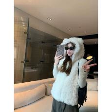 批发可爱小熊耳朵环保皮草<b class='q'>马甲</b>女白色羊羔毛外套连帽皮毛一体宽松坎肩