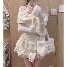 批发纯欲甜辣妹套装女秋冬奶油<b class='q'>蕾丝</b>一字肩上衣珍珠蓬蓬<b class='q'>短裙</b>半裙两件套