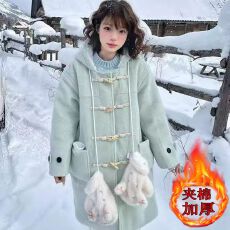 批发加绒加厚羊羔绒毛呢外套森系薄荷奶绿牛角扣呢子呢子大衣女秋冬季