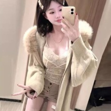 批发原版可拆卸毛领慵懒<b class='q'>显瘦</b>气质百搭连帽长款针织外套女秋冬加厚大衣