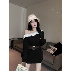 批发法式名媛风斜肩花边拼接毛针织裙女2025<b class='q'>秋</b>季新款高级感收腰显瘦潮