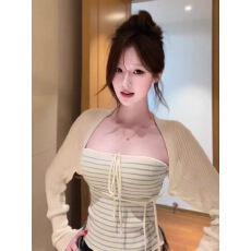 批发纯欲辣妹套装女装早秋季修身长袖针织开衫上衣条纹抹胸<b class='q'>背心</b>两件套