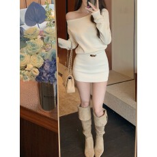 批发法式高级感一字肩针织<b class='q'>连衣裙</b>女秋冬设计感收腰修身气质斜肩短裙子