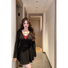 批发胖MM<b class='q'>大码</b>2025年春季纯欲V领蕾丝拼接假两件性感连衣裙秋冬季短裙