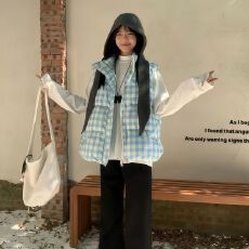 批发2025新款美式加厚保暖蓝色棉服外套<b class='q'>男</b>女冬天外穿无袖坎肩格纹<b class='q'>马甲</b>