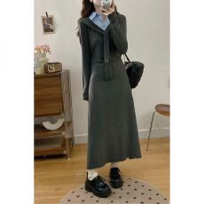 批发2025秋冬新款胖<b class='q'>大码</b>通勤风深灰色正肩袖衬衫领条纹领结拼接字裙