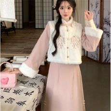 批发唐装新中式加绒改良旗袍少女2025秋冬季国风汉元素马甲连衣裙套装