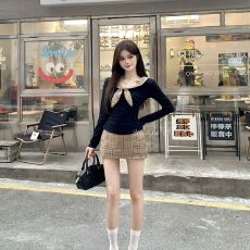 批发春秋季新款复古拼接领口格纹蝴蝶结修身上衣女半裙