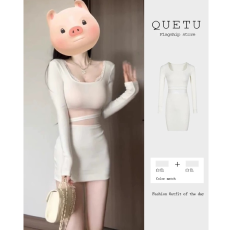 批发白色网纱拼接长袖<b class='q'>连衣裙</b>女秋季新款内搭紧身显瘦纯欲性感包臀短裙