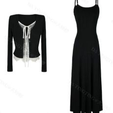 批发秋季收腰蕾丝设计长袖小香风V领拼接开衫<b class='q'>连衣裙</b>套装爆款小众