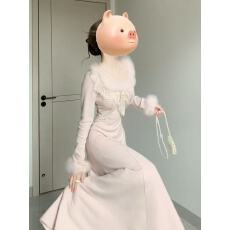 批发甜美蕾丝爆款<b class='q'>连衣裙</b>女冬千金穿搭内搭鱼尾裙新年战袍收腰长裙