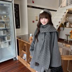 批发(复合400克)灰色斗篷披毛呢外套女百搭加厚宽松韩系自带围脖大衣