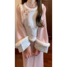 批发中式套装粉色秋冬加绒<b class='q'>旗袍</b><b class='q'>旗袍</b>裙粉白2025加厚马甲<b class='q'>新款</b>连衣裙