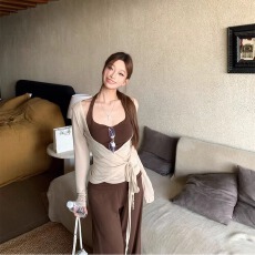 批发韩系设计感套装绑带针织开衫女内搭挂脖吊带秋<b class='q'>冬</b>垂感休闲裤三件套