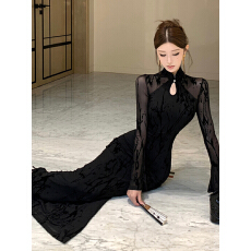 批发新中式改良旗袍黑色网纱连衣裙女秋季性感修身包臀长裙2025旗袍裙
