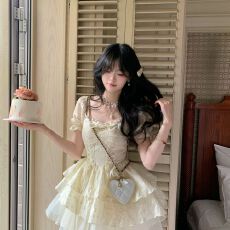 批发公主风提花蝴蝶结少女感<b class='q'>欧根纱</b>蓬蓬连衣裙春夏