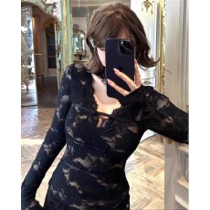 原版面料高级感V领收腰打底衫女春白色修身蕾丝长袖内搭上衣