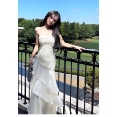 批发2026新款夏季气质轻奢人鱼姬荷叶边高端纯色连衣裙成人礼宴会礼服