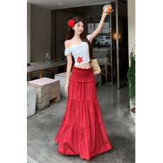 批发一字肩花朵印花短袖T恤上衣显瘦木耳边抽褶<b class='q'>半身</b>裙2026新款套装女