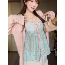 批发四面弹140克 法式温柔风<b class='q'>碎花</b>V领修身吊带背心夏季新款