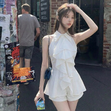 批发荷叶边无袖<b class='q'>衬衫</b>上衣女夏法式气质中长款收腰修身<b class='q'>衬衣</b>