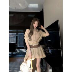 批发卡其色气质polo领<b class='q'>半袖</b><b class='q'>连衣裙</b>女夏季新款显瘦高腰衬衫裙子修身短裙