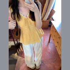 批发落日雏菊V领花边蝴蝶结无袖上衣女夏季外穿收腰显瘦小衫废土风