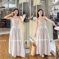 批发法式度假风别致不规则领设计花边拼接竖条纹收腰显瘦吊带<b class='q'>连衣裙</b>女