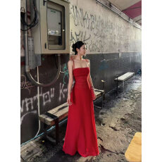 批发港风复古绝美红色设计感抹胸镂空吊带飘逸度假<b class='q'>长裙</b>圣诞年会礼服裙