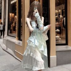 批发2026夏季新款韩系甜美不规则荷叶边吊带上衣<b class='q'>连衣裙</b>女两件套装<b class='q'>可爱</b>