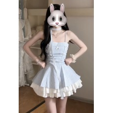 批发法式甜美少女蝴蝶结挂脖吊带<b class='q'>连衣裙</b>纯欲气质收腰蓬蓬格纹公主短裙