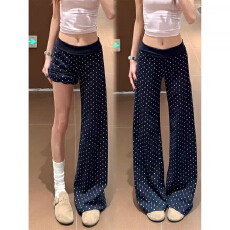 批发藏青色韩版波点微喇裤女2026夏季新款高腰显瘦洋气<b class='q'>休闲</b>阔腿