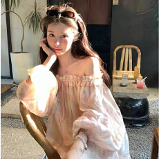 批发式度假风印花一字肩<b class='q'>衬衫</b>女2026春秋宽松显瘦<b class='q'>长袖</b>上衣