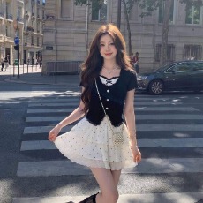 批发甜美<b class='q'>时尚</b>假两件上衣收腰短裙两件套夏季日系软妹t恤蓬蓬裙套装女