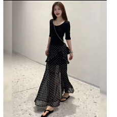 批发韩系休闲套装<b class='q'>女</b>夏季小个子绝美短袖上衣波点半身长裙子穿搭两件套